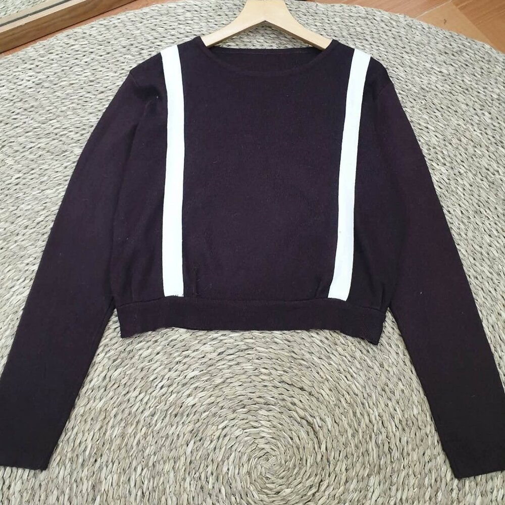 Dark Plum Purple Knit Crop Sweater White Stripe Detail Long Sleeve Top